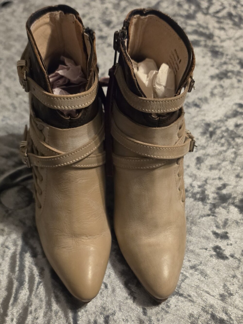freebird Beige Pointed Leather Ankle Booties with Buckle Straps